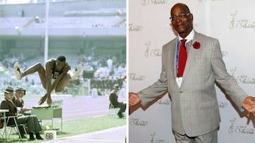 Bob Beamon cuando salt&oacute; 8,90 metros en M&eacute;xico 1968, y en la actualidad. 