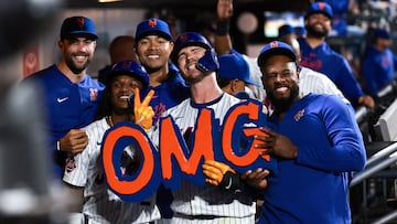 NEW YORK, NEW YORK - SEPTEMBER 17: Pete Alonso #20 of the New York Mets poses in the dugout after hitting a three-run home run during the sixth inning of the game against the Washington Nationals at Citi Field on September 17, 2024 in New York City. Dustin Satloff/Getty Images/AFP (Photo by Dustin Satloff / GETTY IMAGES NORTH AMERICA / Getty Images via AFP)