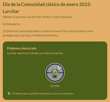 Larvitar es el protagonista del D&iacute;a de la Comunidad Cl&aacute;sico de Pok&eacute;mon GO en enero de 2023