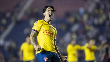 Victor Davila celebrates his goal 2-0 of America during the 8th round match between America and Atlas as part of the Liga BBVA MX, Torneo Apertura 2024 at Ciudad de los Deportes Stadium on September 17, 2024 in Mexico City, Mexico.