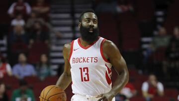 HOUSTON, TX - OCTOBER 05: James Harden #13 of Houston Rockets brings the ball down the court in the first half against the Shanghai Sharks at Toyota Center on October 5, 2017 in Houston, Texas. NOTE TO USER: User expressly acknowledges and agrees that, by downloading and or using this Photograph, user is consenting to the terms and conditions of the Getty Images License Agreement.   Tim Warner/Getty Images/AFP
 == FOR NEWSPAPERS, INTERNET, TELCOS &amp; TELEVISION USE ONLY ==