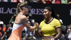 Serena Williams, right, of the United States is congratulated by Maria Sharapova of Russia after winning their quarterfinal match at the Australian Open tennis championships in Melbourne, Australia.