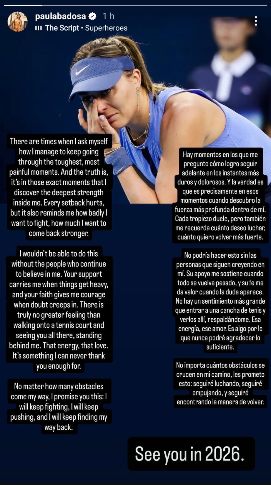 Mensaje en Instagram con el que Paula Badosa ha anunciado que no volverá a jugar más hasta la temporada 2026.