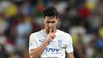 Al Hilal's Brazilian forward #11 Marcos Leonardo reacts after scoring his team's second goal during the FIFA Club World Cup 2025 Group H football match between Saudi's Al-Hilal and Mexico's Pachuca at the Geodis Park stadium in Nashville on June 26, 2025. (Photo by Federico PARRA / AFP)