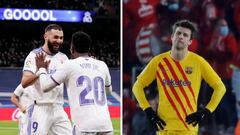 Benzema celebra uno de los goles al Valencia; Piqu&eacute;, decepcionado tras el empate del Bar&ccedil;a en Los C&aacute;rmenes.