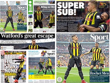 Gerard Deulofeu en las portadas deportivas de los diarios brit¨¢nicos del lunes, 8 de abril de 2019.