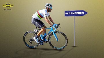 Cartel del Tour de Flandes con Alejandro Valverde poniendo rumbo en bicicleta a la región flamenca.