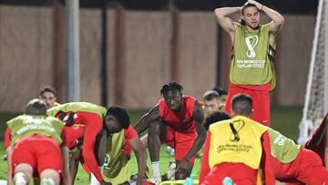 Canada's midfielder Ismael Kone (C) and Canada's midfielder Samuel Piette (R) take part in a  training session at the Umm Salal SC training site in Doha on November 22, 2022, on the eve of the Qatar 2022 World Cup football tournament Group F match between Belgium and Canada. (Photo by Patrick T. FALLON / AFP) (Photo by PATRICK T. FALLON/AFP via Getty Images)