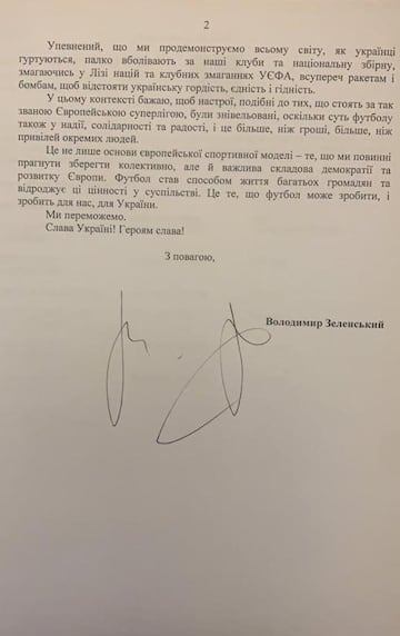 Zelensky letter to Ceferin