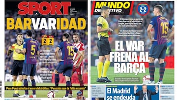 Portada de los diarios Sport y Mundo Deportivo del día 24 de septiembre de 2018.