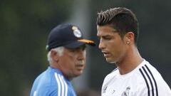 Carlo Ancelotti y Cristiano Ronaldo en un entrenamiento de pretemporada del Real Madrid.