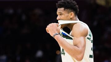 CLEVELAND, OH - MARCH 19: Giannis Antetokounmpo #34 of the Milwaukee Bucks reacts during the second half against the Cleveland Cavaliers at Quicken Loans Arena on March 19, 2018 in Cleveland, Ohio. The Cavaliers defeated the Bucks 124-117. NOTE TO USER: User expressly acknowledges and agrees that, by downloading and or using this photograph, User is consenting to the terms and conditions of the Getty Images License Agreement.   Jason Miller/Getty Images/AFP
 == FOR NEWSPAPERS, INTERNET, TELCOS &amp; TELEVISION USE ONLY ==
