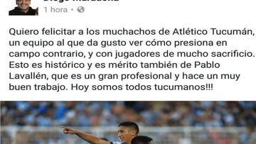 Maradona felicit&oacute; a los jugadores de Atl&eacute;tico Tucum&aacute;n por su clasificaci&oacute;n.