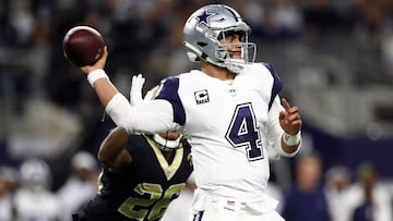 ARLINGTON, TEXAS - NOVEMBER 29: Dak Prescott #4 of the Dallas Cowboys throws against the New Orleans Saints in the first quarter at AT&amp;T Stadium on November 29, 2018 in Arlington, Texas.   Ronald Martinez/Getty Images/AFP
 == FOR NEWSPAPERS, INTERNET,