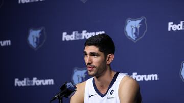 MEMPHIS, TENNESSEE - SEPTEMBER 29: Santi Aldama #7 of the Memphis Grizzlies speaks at a news conference during the Memphis Grizzlies Media Day at FedExForum on September 29, 2025 in Memphis, Tennessee. NOTE TO USER: User expressly acknowledges and agrees that, by downloading and or using this photograph, User is consenting to the terms and conditions of the Getty Images License Agreement. Justin Ford/Getty Images/AFP (Photo by Justin Ford / GETTY IMAGES NORTH AMERICA / Getty Images via AFP)