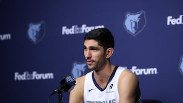 Santi Aldama #7 of the Memphis Grizzlies speaks at a news conference during the Memphis Grizzlies Media Day at FedExForum on September 29, 2025 in Memphis, Tennessee.