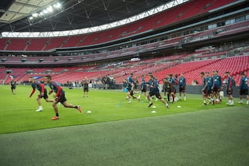 El grupo en el césped de Wembley.