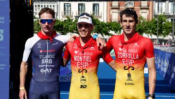 España logró dos posiciones en el podio del Campeonato de Europa Media Distancia de Triatlón con Guillem Montiel (c) primero y Fernando Zorrilla (d) tercero.