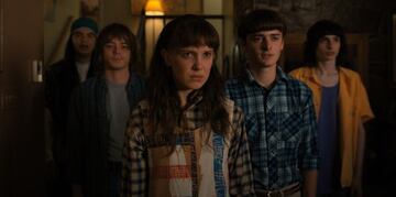 STRANGER THINGS. (L to R) Eduardo Franco as Argyle, Charlie Heaton as Jonathan, Millie Bobby Brown as Eleven, Noah Schnapp as Will Byers, and Finn Wolfhard as Mike Wheeler in STRANGER THINGS. Cr. Courtesy of Netflix Â© 2022