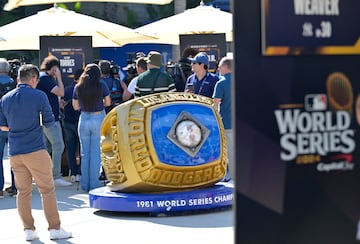 Oct 24, 2024; Los Angeles, CA, USA;  A replica of the 1981 World Series ring on display at the centerfield plaza during media day prior to game one of the World Series between the Los Angeles Dodgers and the New York Yankees at Dodger Stadium. Mandatory Credit: Jayne Kamin-Oncea-Imagn Images