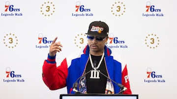 Apr 12, 2024; Camden, NJ, USA; Philadelphia 76ers great Allen Iverson speaks at the podium during the unveiling of a statue honoring him in a ceremony at Penn Medicine Philadelphia 76ers Training Complex. Mandatory Credit: Bill Streicher-USA TODAY Sports