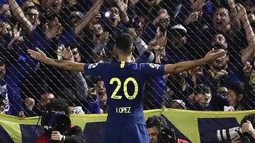 BUENOS AIRES, ARGENTINA - MAY 26: Lisandro Lopez of Boca Juniors celebrates after scoring his side&#039;s first goal during a second leg semifinal match between Boca Juniors and Argentinos Juniors as part of Copa de la Superliga 2019 at Estadio Alberto J. Armando on May 26, 2019 in Buenos Aires, Argentina. (Photo by Jam Media/Getty Images)