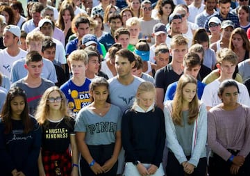 Rafa Nadal observes a minute of silence with students and workers of the "Rafa Nadal Academy" in Manacor to honour the victims of the flash flood that affected the Spanish Balearic island of Mallorca.