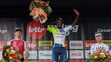 Cofidis' French rider Axel Zingle, stage winner Intermarche-Wanty's Eritrean rider Biniam Girmay Hailu and UAE Team Emirates' Swiss rider Mark Hirschi celebrate on the podium of the Circuit French-Belgium cycling race, stage 6 (out of 9) of the Lotto Cycling Cup, 190,6 km from Tournai to Mont-de-l'Enclus near Amougies, on May 29, 2024. (Photo by VIRGINIE LEFOUR / Belga / AFP) / Belgium OUT