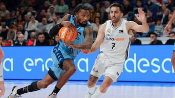 Shannon Evans (i), del Morabanc Andorra, ante Campazzo (d), del Real Madrid, durante el partido de la jornada 28 de la Liga Endesa disputado este domingo en Madrid.