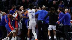 Dec 28, 2022; Detroit, Michigan, USA;  Orlando Magic forward Paolo Banchero (5) rush towards the the Detroit Pistons bench in the first half at Little Caesars Arena. Mandatory Credit: Rick Osentoski-USA TODAY Sports