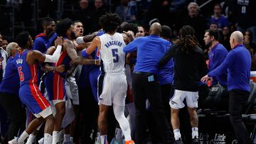 Dec 28, 2022; Detroit, Michigan, USA; Orlando Magic forward Paolo Banchero (5) rush towards the the Detroit Pistons bench in the first half at Little Caesars Arena. Mandatory Credit: Rick Osentoski-USA TODAY Sports