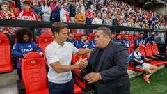 MADRID, 15/05/2024.- El entrenador del Rayo Vallecano, Iñigo Pérez (i), saluda al del Granada, José Ramón Sandoval (d), antes del encuentro de la jornada 36 de LaLiga entre Rayo Vallecano y Granada CF, este miércoles en el Estadio de Vallecas. EFE/ Rodrigo Jiménez
