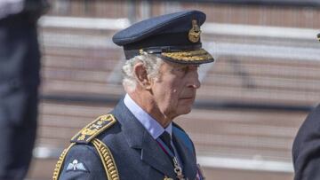 LONDON, UNITED KINGDOM - SEPTEMBER 14: King Charles III walks behind the coffin of Queen Elizabeth II, borne on gun carriage, during a ceremonial procession from Buckingham Palace to Westminster Hall in London, United Kingdom on September 14, 2022. Following the procession, the Queen will lie in state at Westminster Hall until the morning of the state funeral on Monday, with hundreds of thousands of people expected to pay their respects. (Photo by Rasid Necati Aslim/Anadolu Agency via Getty Images)