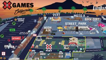 Mapa de X Games Ventura con las diferentes zonas para ola est¨¢tica, bmx, skate, moto x, parking, etc.