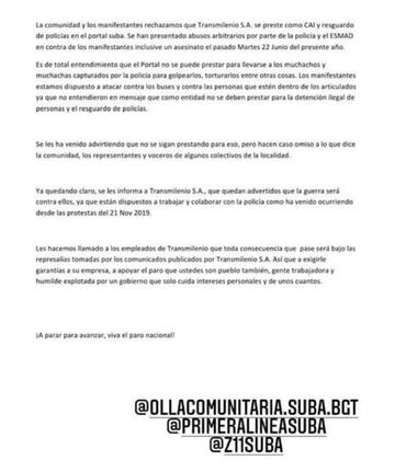 Comunicado de @primeralineasuba