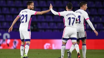 VALLADOLID, SPAIN - JANUARY 19: Michel Herrero of Real Valladolid celebrates with team mate Roque Mesa after scoring their sides first goal during the La Liga Santander match between Real Valladolid CF and Elche CF at Estadio Municipal Jose Zorrilla on Ja