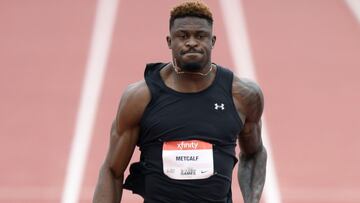 WALNUT, CALIFORNIA - MAY 09: DK Metcalf reacts as he finishes in the Men 100 Meter Dash during the USATF Golden Games and World Athletics Continental Tour event at the Mt. San Antonio College on May 09, 2021 in Walnut, California.   Harry How/Getty Images/AFP
 == FOR NEWSPAPERS, INTERNET, TELCOS &amp; TELEVISION USE ONLY ==