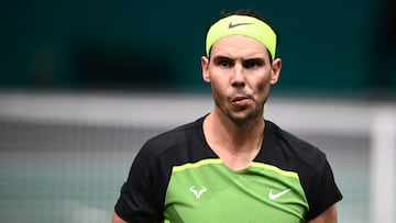Spain's Rafael Nadal reacts during the men's singles round of 16 tennis match between US' Paul Tommy and Spain's Rafael Nadal on day three of the ATP World Tour Masters 1000 - Paris Masters (Paris Bercy) - indoor tennis tournament at The AccorHotels Arena in Paris on November 2, 2022. (Photo by Christophe ARCHAMBAULT / AFP)