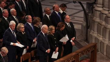U.S. President Joe Biden, U.S. Vice Preesident Kamala Harris, former U.S. President Barack Obama, former U.S. President Bill Clinton, former U.S. President George W. Bush, former U.S. Vice President Mike Pence and U.S. President-elect Donald Trump attend a service, on the day of the State Funeral for former U.S. President Jimmy Carter at the Washington National Cathedral in Washington, U.S., January 9, 2025. REUTERS/Brendan McDermid