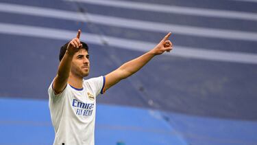 Marco Asensio celebra su gol al Espanyol el pasado 22 de abril en el estadio Santiago Bernabéu.