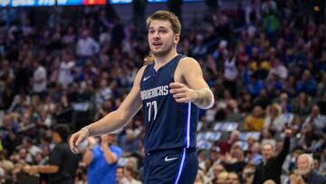 Nov 20, 2019; Dallas, TX, USA; Dallas Mavericks forward Luka Doncic (77) celebrates during the first quarter against the Golden State Warriors at the American Airlines Center. Mandatory Credit: Jerome Miron-USA TODAY Sports