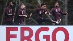FOXBOROUGH, MASSACHUSETTS - OCTOBER 12: Antonio Ruediger, Florian Wirtz, Jamal Musiala and Jonathan Tah exercise during a training session of the German national football team at New England Revolution training center on October 12, 2023 in Foxborough, Massachusetts.   Alex Grimm/Getty Images/AFP (Photo by ALEX GRIMM / GETTY IMAGES NORTH AMERICA / Getty Images via AFP)