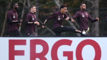 FOXBOROUGH, MASSACHUSETTS - OCTOBER 12: Antonio Ruediger, Florian Wirtz, Jamal Musiala and Jonathan Tah exercise during a training session of the German national football team at New England Revolution training center on October 12, 2023 in Foxborough, Massachusetts.   Alex Grimm/Getty Images/AFP (Photo by ALEX GRIMM / GETTY IMAGES NORTH AMERICA / Getty Images via AFP)