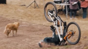 El rider de MTB Daniel Alcalá chocando contra el suelo con su bici para evitar el atropello de un perro en una carrera de Mountain Bike Downhill.