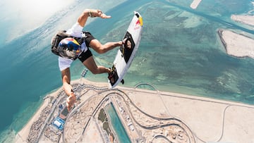 Sebastian Alvarez performs during Red Bull Skydive Into a Wave, at Surf Abu Dhabi, in Abu Dhabi, United Arab Emirates on December 18, 2023. //