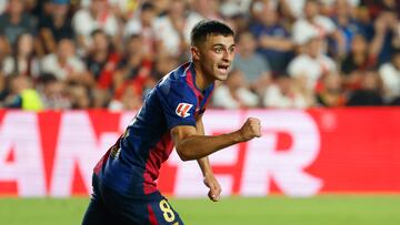 Pedri celebra su gol en Vallecas en el Rayo-Barça de la tercera jornada.