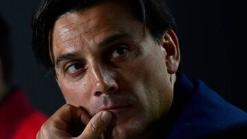 Sevilla's Italian coach Vincenzo Montella holds a press conference at the Wanda Metropolitano stadium in Madrid on April 20, 2018 on the eve the Spanish Copa del Rey (King's Cup) final football match Sevilla FC against FC Barcelona. / AFP PHOT