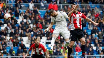 As&iacute; marc&oacute; Benzema el 1-0 al Athletic, el primero de sus dos goles de cabeza.