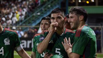 Johan Vasquez celebrates his goal 0-1 with Erick Gutierrez and Santiago Gimenez of Mexico during the game Surinam vs Mexico National Team (Mexican National Team), corresponding to Group A of League A of the CONCACAF Nations League 2022-2023, at Dr. Ir. Franklin Essed Stadium, on March 23, 2023.
<br><br>
Johan Vasquez celebra su gol 0-1 con Erick Gutierrez y Santiago Gimenez de Mexico durante el partido Surinam vs Mexico (Seleccion Nacional Mexicana), correspondiente al Grupo A de la Liga A de la Liga de Naciones CONCACAF 2022-2023, en el Estadio Dr. Ir. Franklin Essed, el 23 de Marzo de 2023.