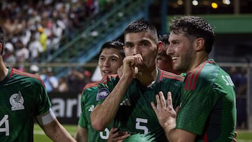 Johan Vasquez celebrates his goal 0-1 with Erick Gutierrez and Santiago Gimenez of Mexico during the game Surinam vs Mexico National Team (Mexican National Team), corresponding to Group A of League A of the CONCACAF Nations League 2022-2023, at Dr. Ir. Franklin Essed Stadium, on March 23, 2023.
<br><br>
Johan Vasquez celebra su gol 0-1 con Erick Gutierrez y Santiago Gimenez de Mexico durante el partido Surinam vs Mexico (Seleccion Nacional Mexicana), correspondiente al Grupo A de la Liga A de la Liga de Naciones CONCACAF 2022-2023, en el Estadio Dr. Ir. Franklin Essed, el 23 de Marzo de 2023.